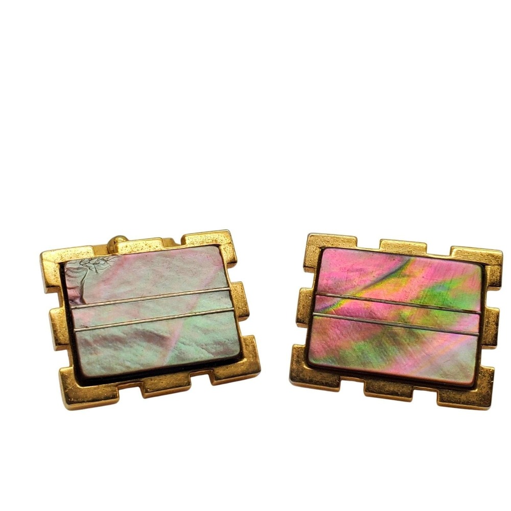 Cufflinks Abalone Shell Gold Tone‎ Rectangle Inlay Iridescent 1960s Mid Century